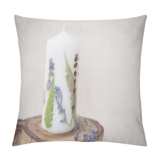 Personality  Candle With Herbarium Flowers. Dried Flowers. On Linen Background Pillow Covers