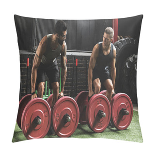 Personality  Muscular Men During Competition In The Farmer's Walk Exercise Pillow Covers