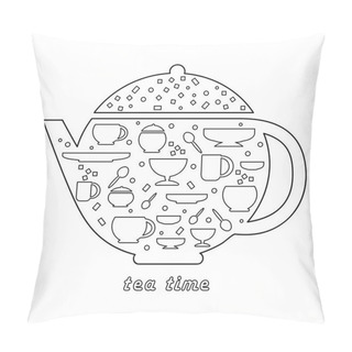 Personality  Vector Coloring Book Tea Time For Children With Teapot, Cups, Spoons And Other. Black And White Items. The Inscription Tea Time. Pillow Covers