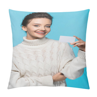 Personality  Positive Woman In White Sweater Holding Blank Card With Copy Space Isolated On Blue Pillow Covers