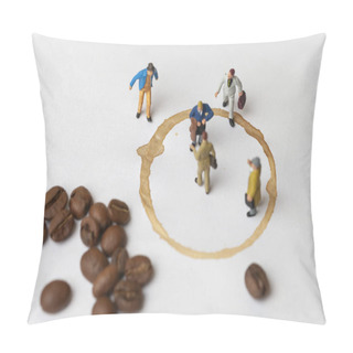 Personality  Coffee Break Concept With Lose Up Miniature People And Coffee.  Pillow Covers