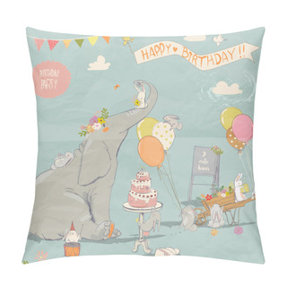 Personality  Cute Elephant With Little Hares Pillow Covers