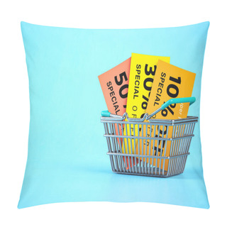 Personality  Shopping Basket With Discount Flyers And Vouchers On Blue Background.. Sales Promocional Poster. 3d Illustration Pillow Covers