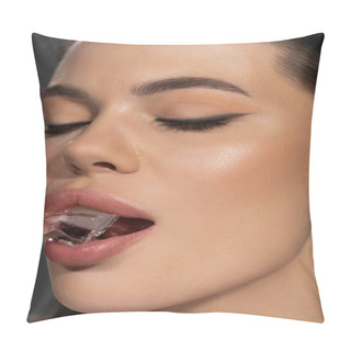 Personality  Close Up View Of Young Woman With Visage Holding Ice In Mouth Isolated On Grey  Pillow Covers