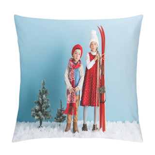 Personality  Kid Holding Ski Poles And Skis While Standing On Snow Near Brother In Winter Outfit On Blue Pillow Covers