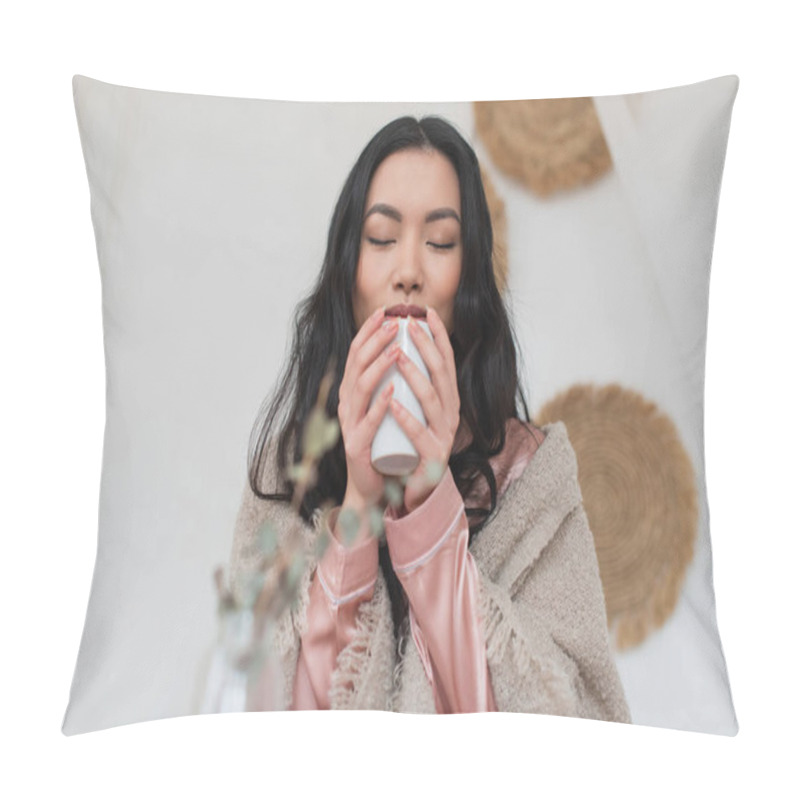 Personality  young asian woman holding cup of coffee in hands and enjoying aroma in bedroom pillow covers