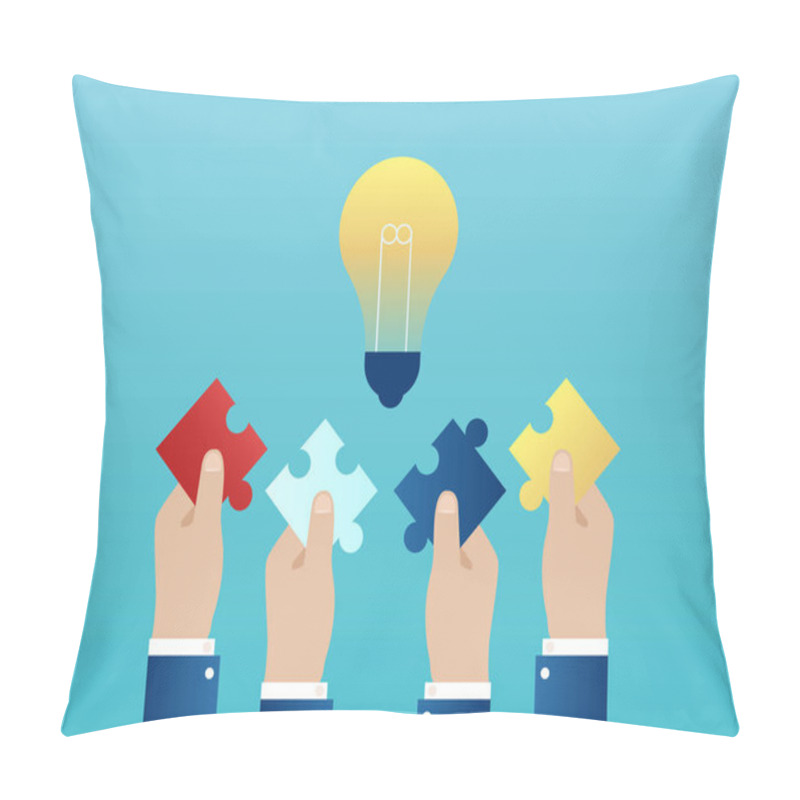 Personality  Vector of four hands together reaching out with puzzle pieces having a successful idea pillow covers