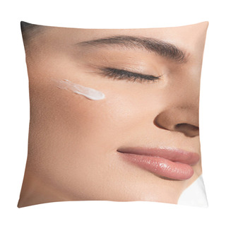 Personality  Close Up View Of Young Woman With Soft Skin And Cosmetic Cream On Cheek Pillow Covers