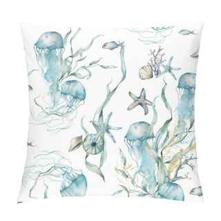 Personality  Watercolor Tropical Seamless Pattern Of Jellyfish, Starfish, Laminaria And Coral. Underwater Animals And Plant Isolated On White Background. Aquatic Illustration For Design, Print Or Background. Pillow Covers