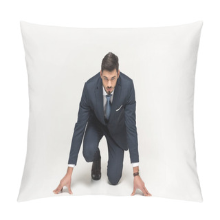Personality  Serious Young Businessman In Starting Position Ready To Run Isolated On Grey Pillow Covers