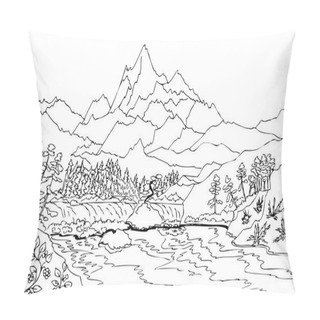 Personality  Landscape With High Mountains And Waterfall. Hand Drawn Illustrations For Coloring Pillow Covers