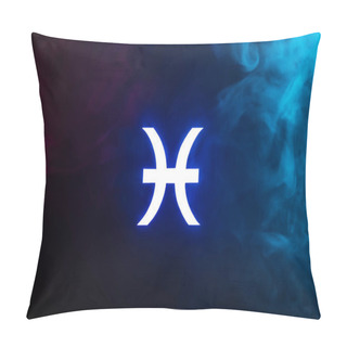 Personality  Blue Illuminated Pisces Zodiac Sign With Colorful Smoke On Background Pillow Covers