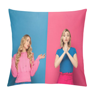 Personality  Attractive Blonde Girl With Shrug Gesture Looking At Sister With Prayer Hands On Pink And Blue Background Pillow Covers