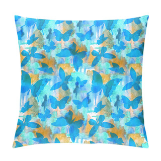 Personality  Seamless Pattern Of Watercolor Stains And Silhouettes Of Butterflies In Turquoise And Golden Colors. Animalistic Abstract Print For Fabric And Other Surfaces With Insects. Pillow Covers