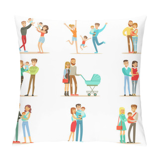 Personality  Young And Expecting Parents With Small Babies And Toddlers Serie Of Happy Full Family Portraits. Pillow Covers