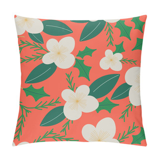 Personality  Coral Red With Cream Christmas Florals And Green Leaves Seamless Pattern Background Design. Pillow Covers