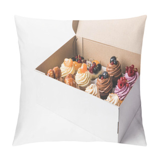 Personality  Close Up View Of Various Types Of Cupcakes In Cardboard Box Isolated On White Pillow Covers