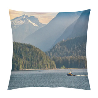 Personality  Tug Boat Sailing On The Inside Passage Along The Rugged Mountain Terrain In Alaska Pillow Covers