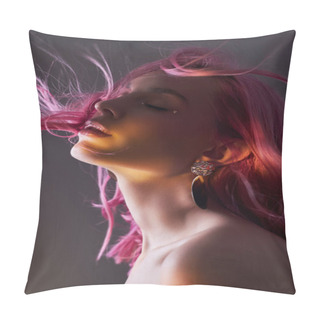 Personality  Art Beauty Portrait Of A Woman With Pink Hair, Creative Coloring. Bright Colored Highlights And Shadows On The Face, A Girl With Jewelry. Dyed Hair In The Wind Pillow Covers