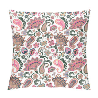 Personality  Colorful Seamless Pattern With Fantasy Flowers And Decorative Elements. Paisley. Indian Style. Pastel Pink, Vector Eps8 Pillow Covers