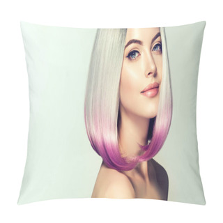 Personality  Beautiful Hair Coloring Woman. Fashion Trendy Haircut.Ombre Bob Short Hairstyle. Blond Model With Short Shiny Hairstyle. Concept Coloring Hair. Beauty Salon Pillow Covers