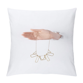 Personality  Cropped Image Of Woman Holding Hand With Beautiful Golden Necklace Through White Paper Pillow Covers