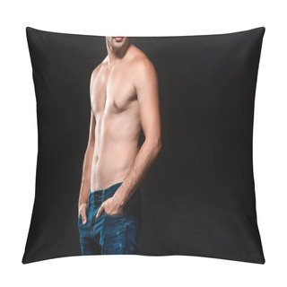 Personality  Partial View Of Shirtless Man In Jeans Posing Isolated On Black Pillow Covers
