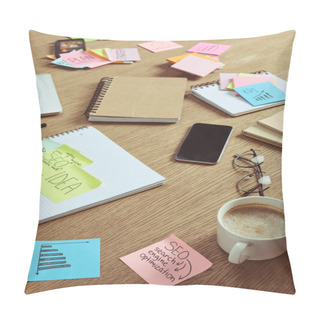 Personality  Paper Stickers With Business Strategy And Smartphone With Blank Screen On Table At Home Pillow Covers