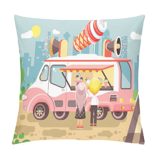 Personality  Vector Illustration Cartoon Characters Children, Pupils, Schoolboys And Schoolgirls Buy Ice Cream, Vanilla, Chocolate, Popsicles From Car, Meals On Wheels, Street Food, School Snack Flat Style Pillow Covers