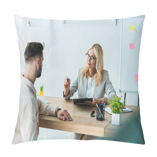 Personality  Selective Focus Of Blonde Recruiter Looking At Man And Holding Clipboard With Pen  Pillow Covers