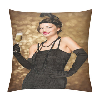 Personality  Portrait Of 20s Style Festive Beauty With Glass Of Champagne. Pillow Covers