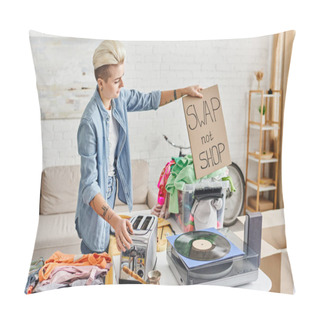 Personality  Tattooed Woman With Trendy Hairstyle Holding Swap Not Shop Card Near Vinyl Record Player, Electric Toaster, Cezve And Wardrobe Clothes In Living Room, Sustainable Living And Circular Economy Concept Pillow Covers