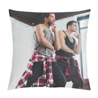 Personality  Selective Focus Of Multicultural Dancers Touching Faces While Posing In Dance Studio  Pillow Covers