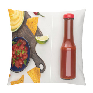 Personality  Collage Of Corn Nachos With Lime, Chili, Ketchup And Cheese Sauce On Wooden Cutting Board On White Background Pillow Covers
