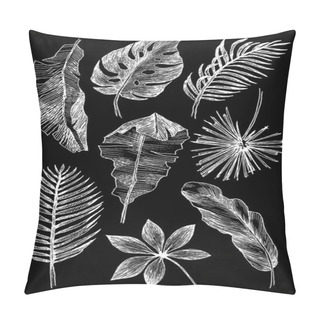 Personality  Hand Drawn Branches And Leaves Of Tropical Plants. Illustration On A Chalkboard Style. White Elements On Black Back. High Detailed Botanical Illustration Pillow Covers