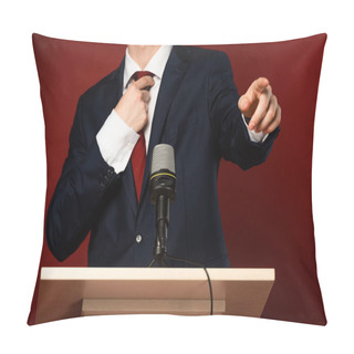 Personality  Cropped View Of Man Pointing With Finger On Tribune On Red Background Pillow Covers