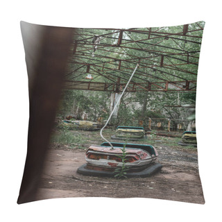 Personality  PRIPYAT, UKRAINE - AUGUST 15, 2019: Selective Focus Of Dirty Bumper Cars In Amusement Park  Pillow Covers