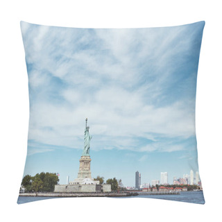 Personality  STATUE OF LIBERTY, NEW YORK, USA - OCTOBER 8, 2018: Statue Of Liberty In New York Against Blue Cloudy Sky Background, Usa Pillow Covers