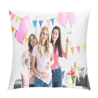 Personality  Multicultural Friends And Pregnant Woman Posing With Rabbit Toy At Baby-party Pillow Covers