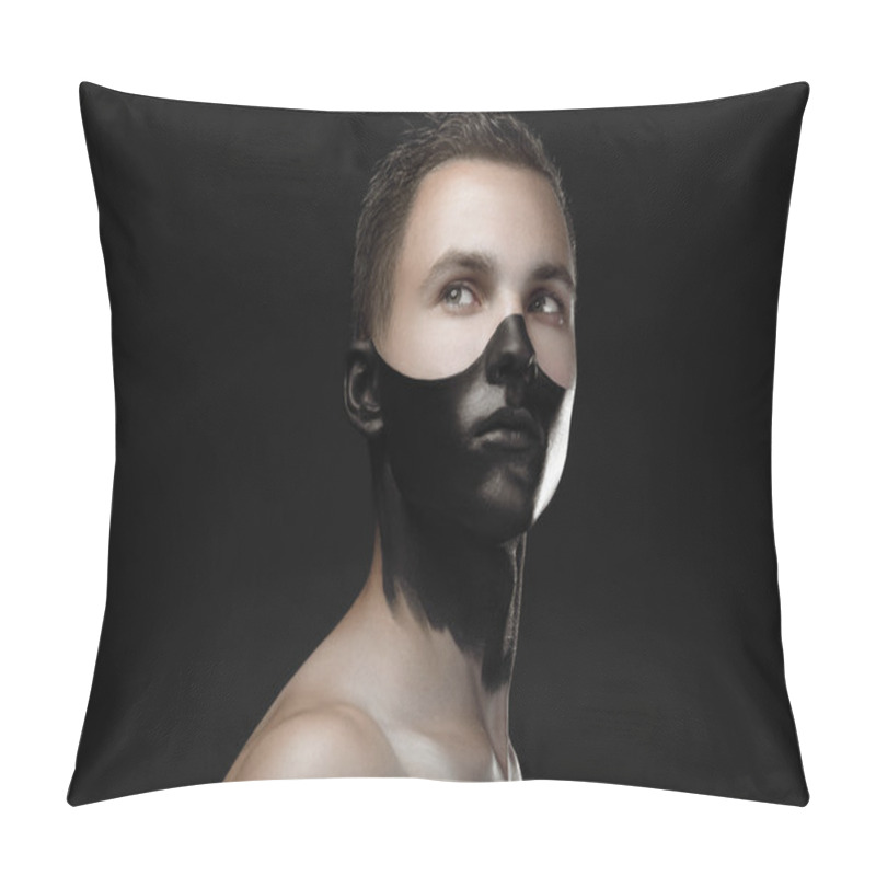 Personality  Handsome Young Guy With Make-up With Black Mask On Her Face Isolated On A Dark Background In The Studio Pillow Covers