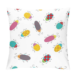 Personality  Seamless Pattern With Cute Colorful Bugs. Bright Vector Drawing Of Small Beetles. Pillow Covers