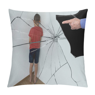 Personality  Reflected In The Shards Of A Broken Mirror. A Punished Boy, A Junior Schoolboy, Is Standing In The Corner, Turning To The Wall. Parents' Hands Are Shown With A Finger, The Concept Of Humiliation Pillow Covers