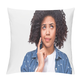 Personality  Close Up Shot Of Uncertain African American Woman Has Puzzled Expression, Frowns Her Face And Looking Up. Doubtful Dark Skinned Female Can T Make Choice, Has Questioned Expression, Isolated On White.  Pillow Covers