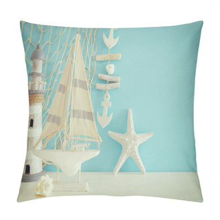 Personality  Nautical Concept With Sea Life Style Objects On Wooden Table. Top View. Pillow Covers