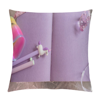 Personality  Girlish Things Still Life. Notepad With Purple Pages, Heart Shap Pillow Covers