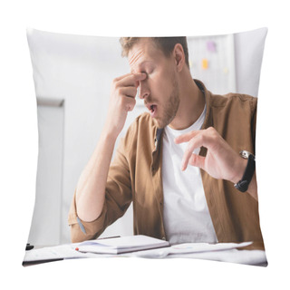 Personality  Selective Focus Of Tired Businessman Touching Eyes While Working In Office  Pillow Covers