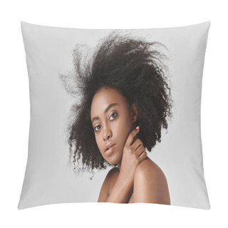 Personality  A Beautiful Young African American Woman With Curly Hair Striking A Pose For A Portrait With Her Shiny Hair On Display. Pillow Covers