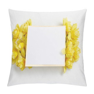 Personality  Top View Of White Empty Card With Yellow Narcissus Flowers On White Background  Pillow Covers