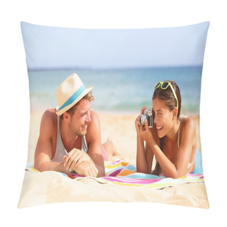 Personality  Beach Fun Couple Travel - Woman Taking Photo Pillow Covers