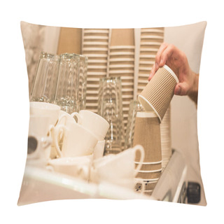 Personality  Cropped View Of Barista Holding Brown Disposable Cup Pillow Covers